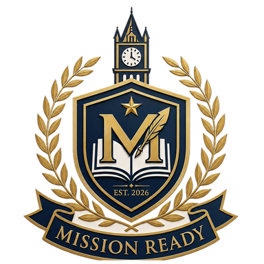 Mission Ready Academy crest: a shield with the letter M, an open book, and a quill, under a clock tower and within laurels